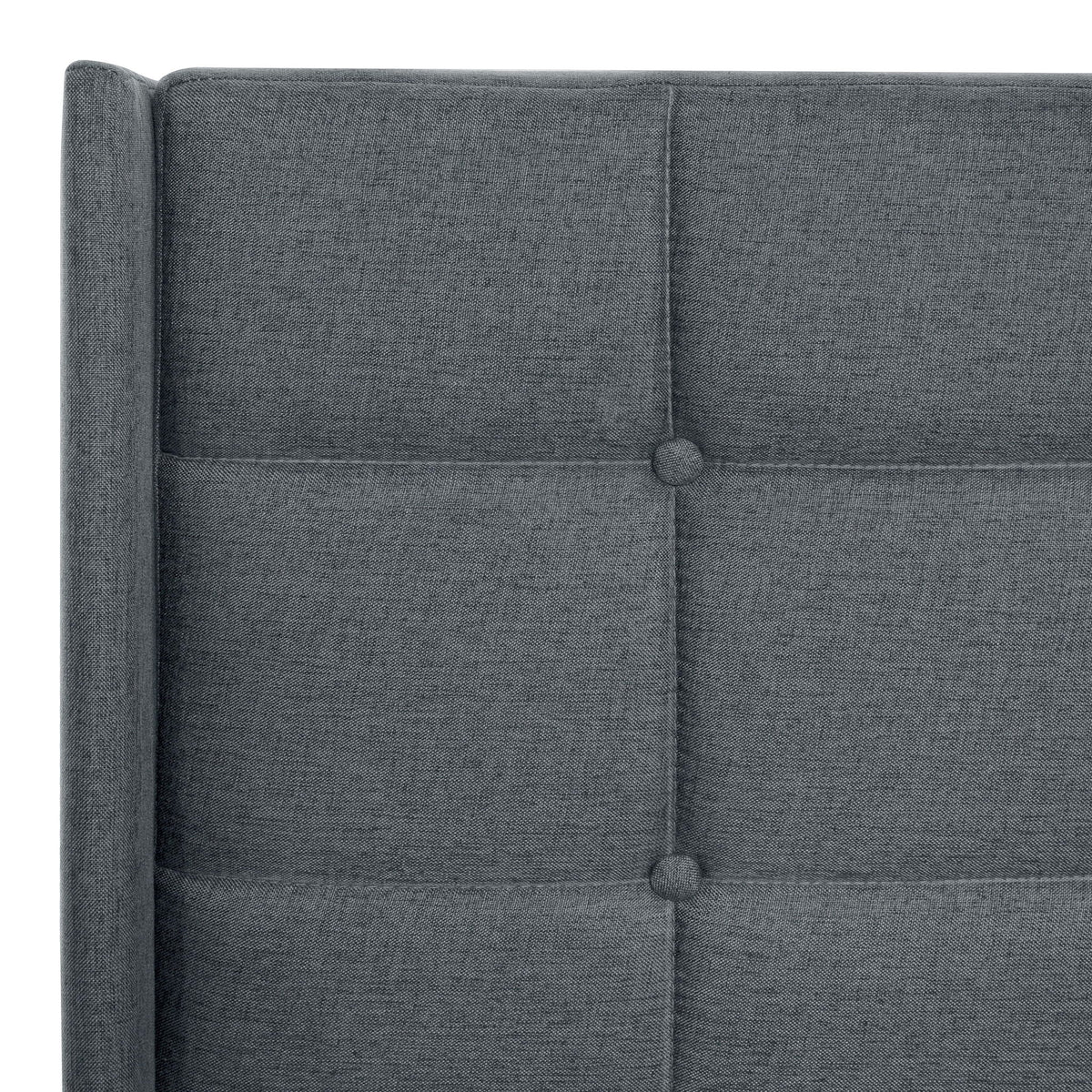 Queen size upholstered platform bed frame with dark gray linen headboard featuring button tufting on Tampa Home & Garden Store