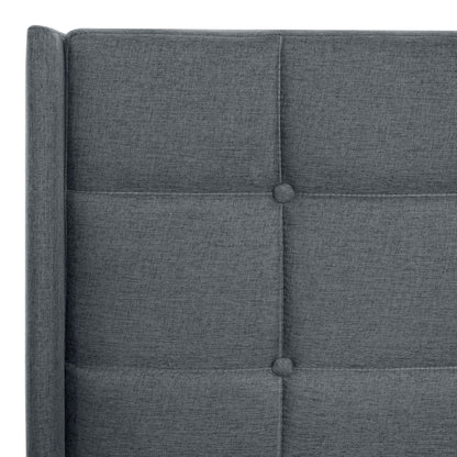Queen size upholstered platform bed frame with dark gray linen headboard featuring button tufting on Tampa Home & Garden Store