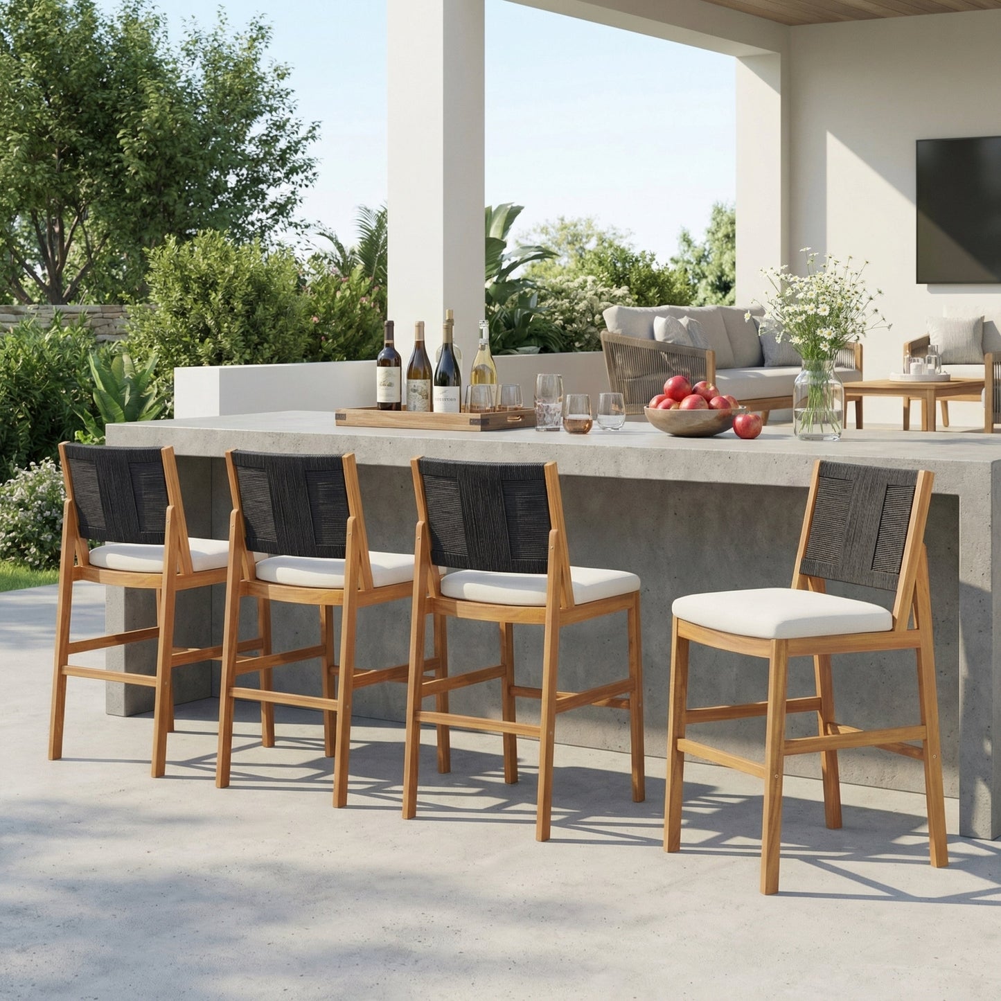 4-piece Arly black outdoor bar stool set with solid acacia wood frames and woven wicker seats on Tampa Home & Garden Store