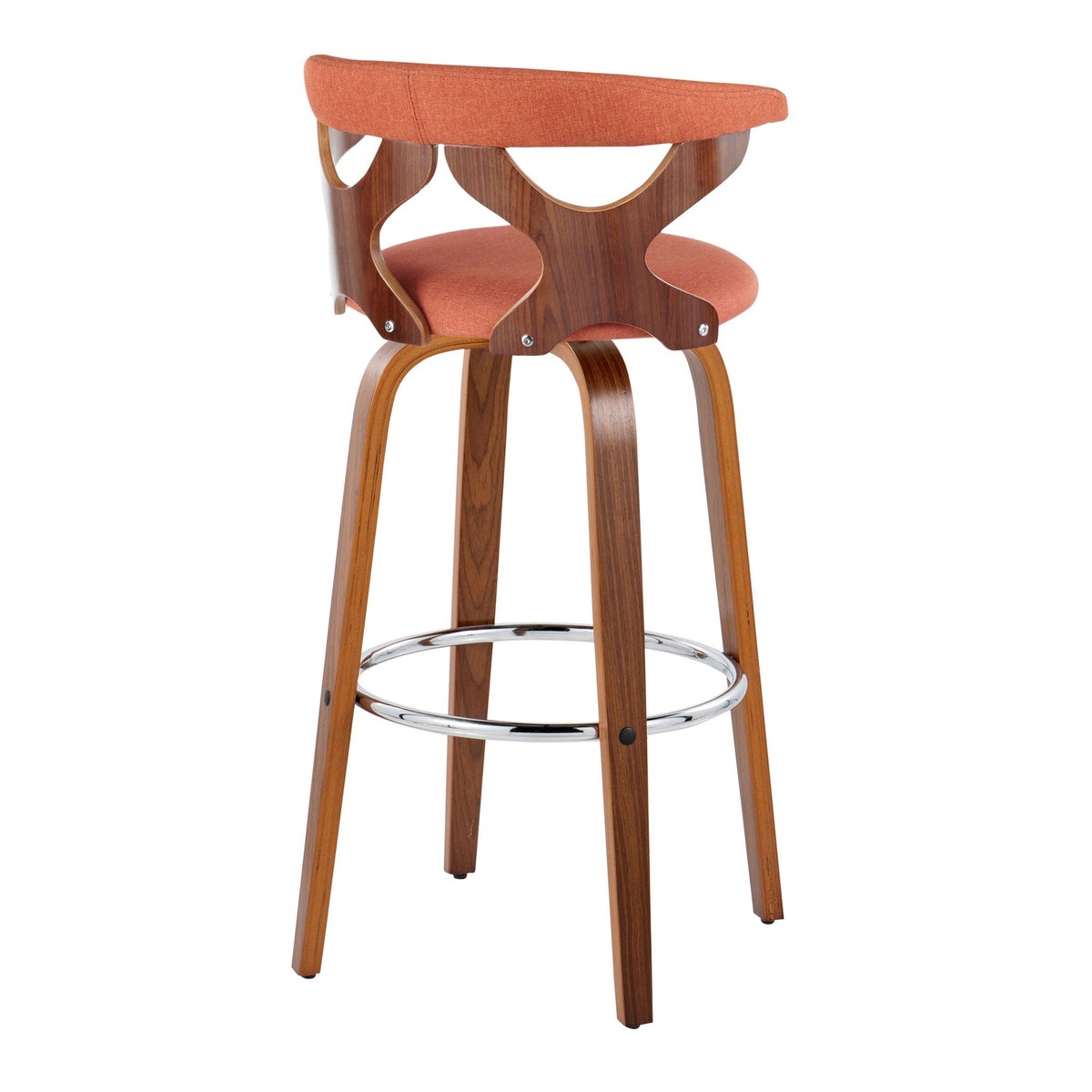 Mid Century Swivel Bar Stool with orange upholstery and wood frame on Tampa Home & Garden Store
