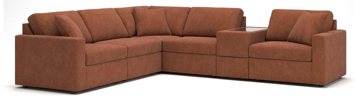 Modmax Spice Sectional by Unique Piece Furniture, sofa in orange-brown fabric with glass on Tampa Home & Garden Store