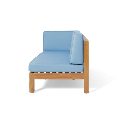 Brava X-Back 4-Piece Outdoor Sofa Set blue cushions on a wooden frame by HouseOfZazla on Tampa Home & Garden Store