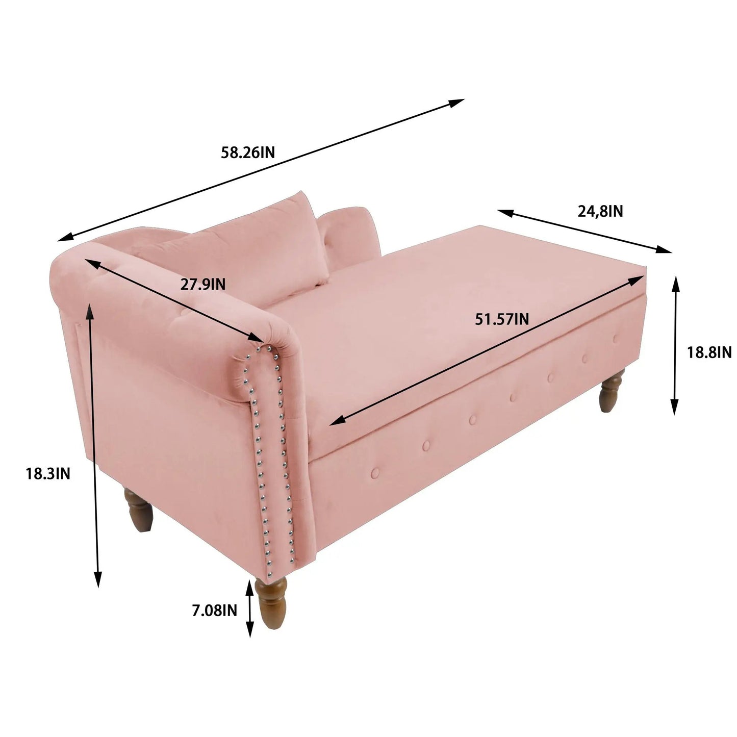 Pink upholstered chaise lounge with nailhead trim, rolled arms, storage and pillow cushions on Tampa Home & Garden Store