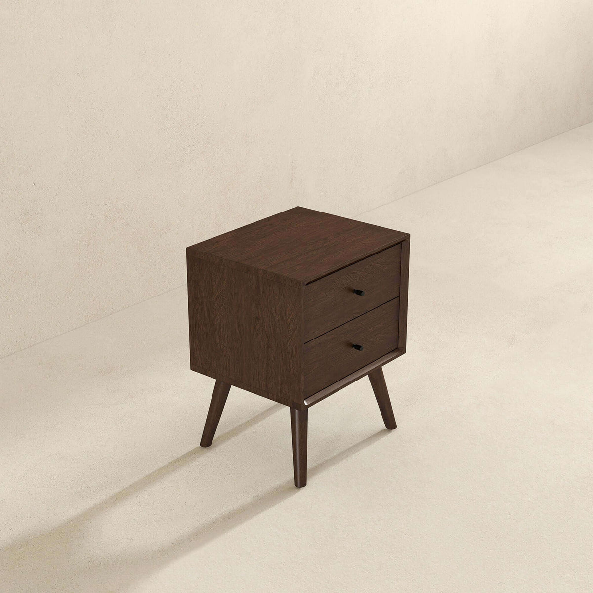 Mid-Century Modern nightstand with 2 drawers in dark brown wood and tapered legs on Tampa Home & Garden Store