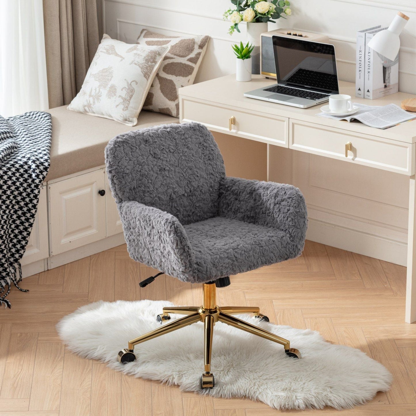 Office Chair with Rabbit Hair and Metal Base