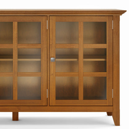 Acadian wide storage cabinet handcrafted in oak with glass-front doors and 2-door metal knob on Tampa Home & Garden Store