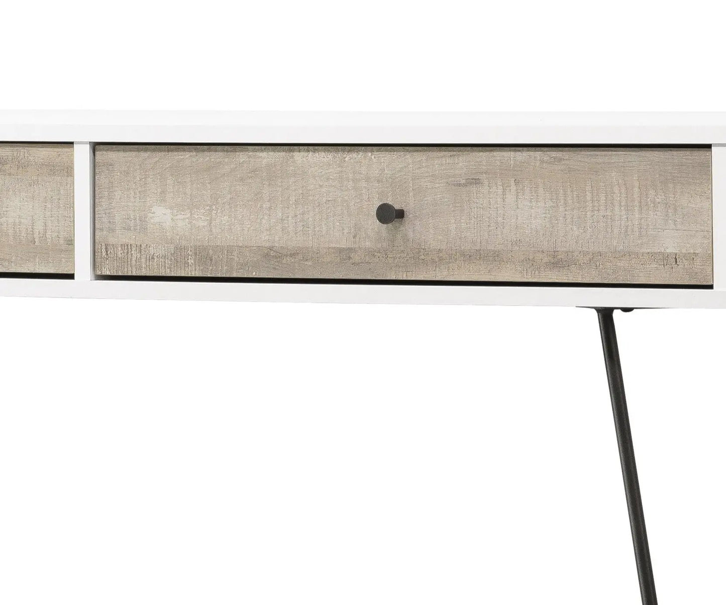 Taupe Oak Desk With Drawers and Metal Accents