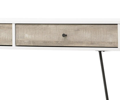 Taupe Oak Desk With Drawers and Metal Accents