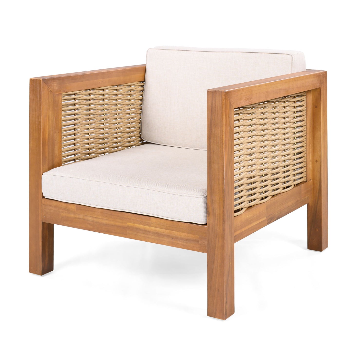 Outdoor club chair with rope arm and beige cushions in teak frame HouseOfZazla on Tampa Home & Garden Store