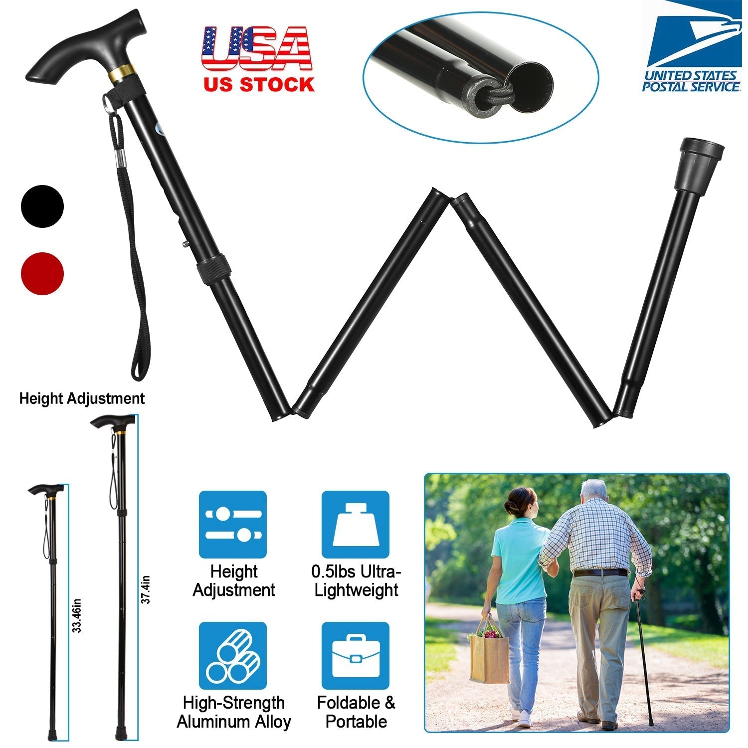 GemGear Black Aluminum Alloy Adjustable Folding Walking Cane Travel Hiking Stick Anti-Slip on Tampa Home & Garden Store