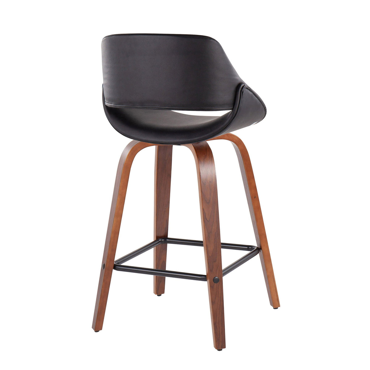 Fabrico mid-century modern counter stool with black leather seat and curved wooden legs on Tampa Home & Garden Store