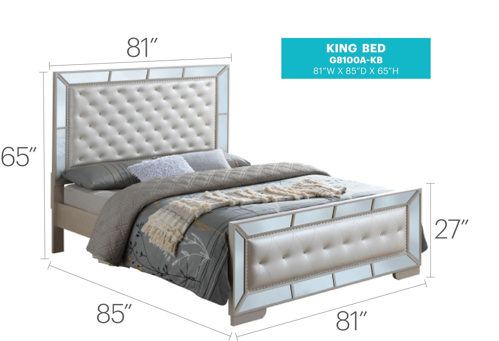 King panel bed by HouseOfZazla with tufted headboard and mirrored frame on Tampa Home & Garden Store