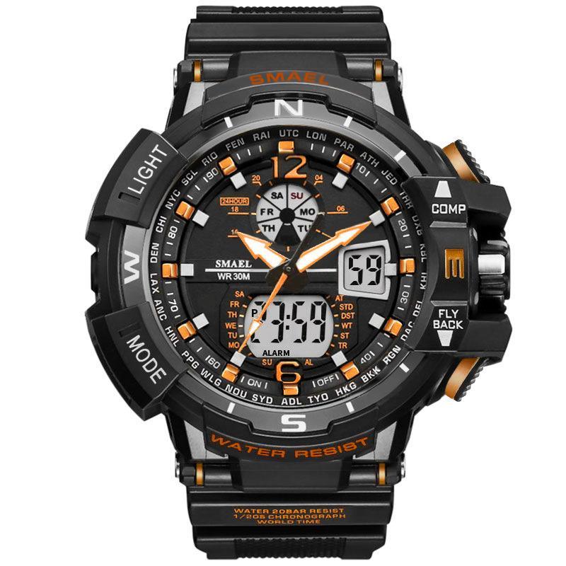 SMAEL sport digital watch with LED display, rugged black case, orange accents 50m WR on Tampa Home & Garden Store