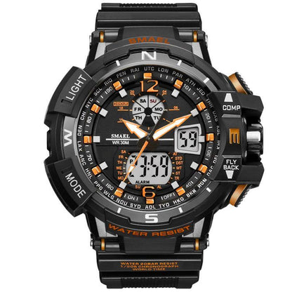 SMAEL sport digital watch with LED display, rugged black case, orange accents 50m WR on Tampa Home & Garden Store