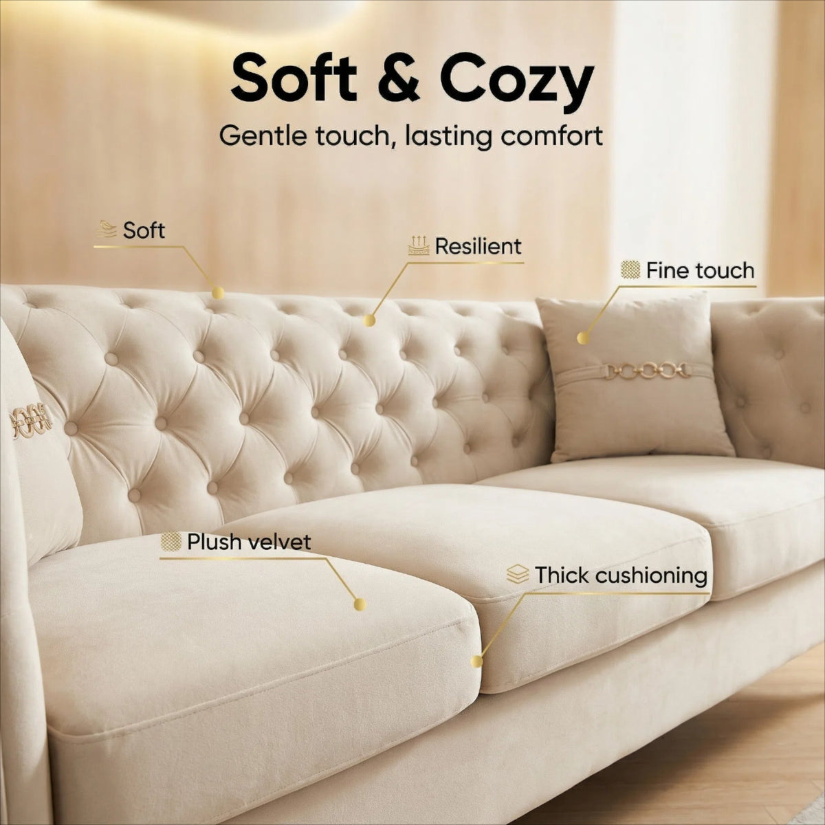 Contemporary Velvet Sofa and Throw Pillows