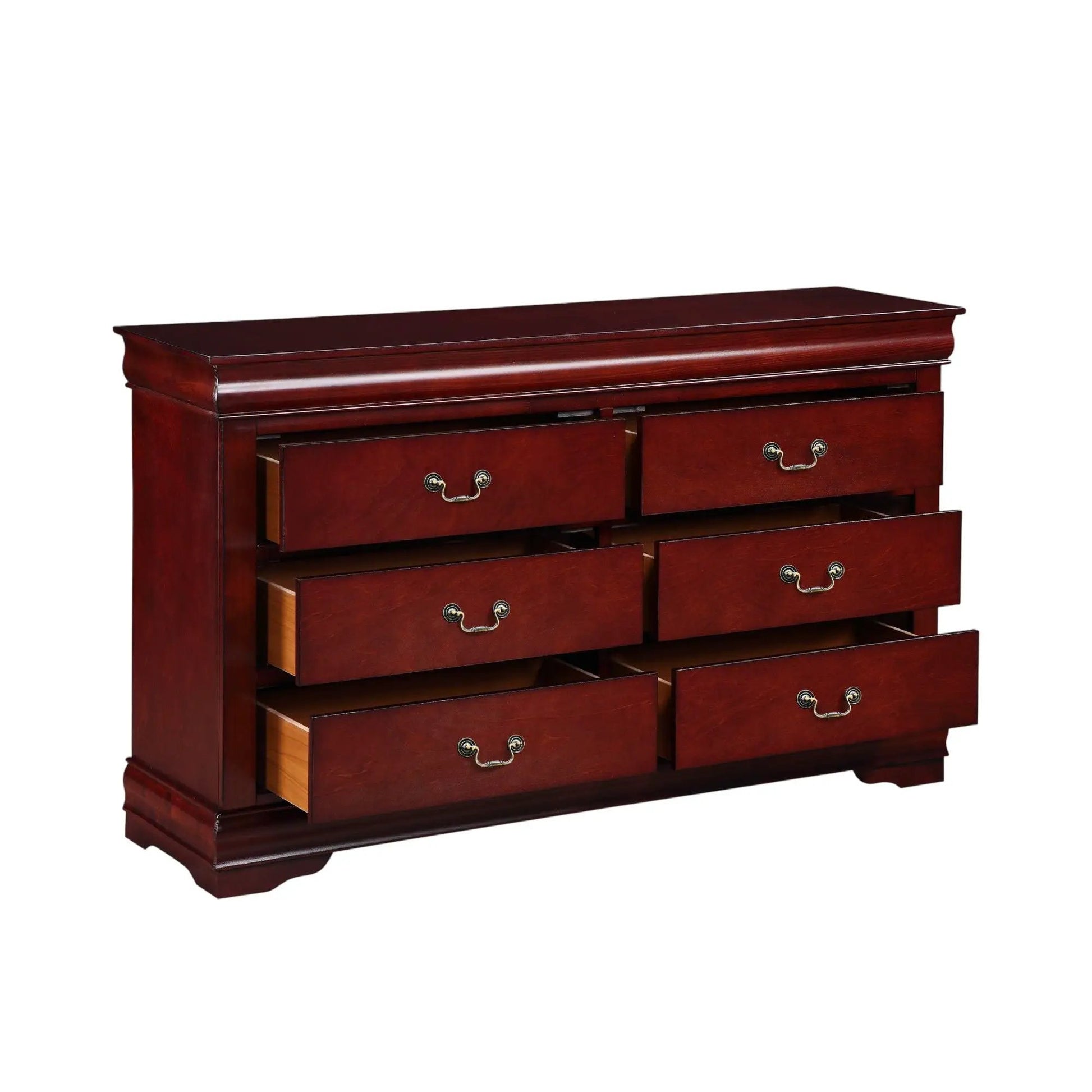 Louis Philippe bedroom dresser in dark cherry wood with decorative metal handles on Tampa Home & Garden Store