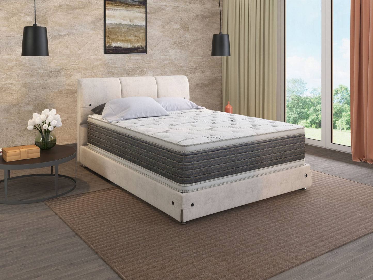 DreamFlex 14.5in two-sided pillow top mattress by HouseOfZazla on a beige upholstered bed on Tampa Home & Garden Store