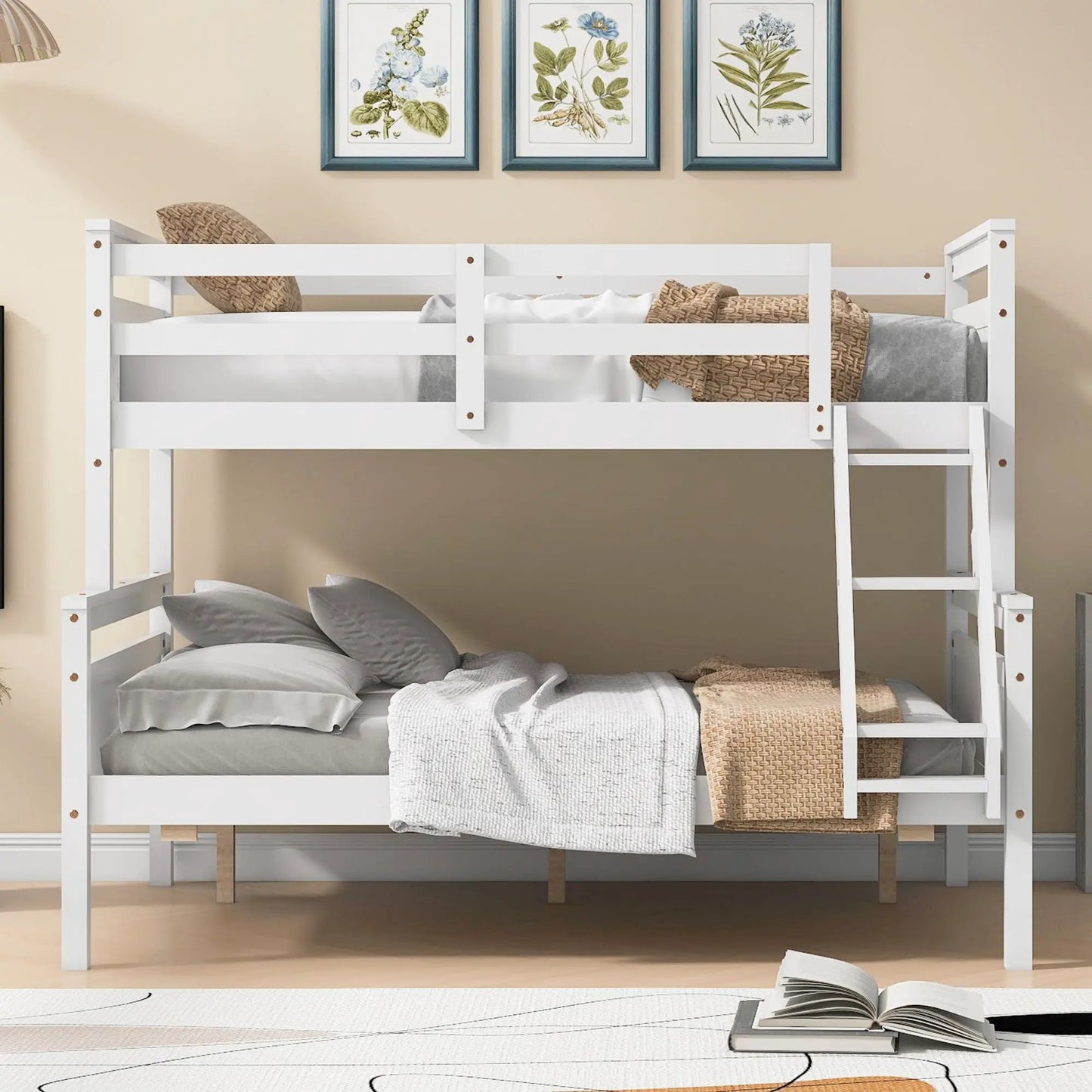 Bunk bed with ladder and safety guardrail in white by Unique Piece Furniture, with gray bedding on Tampa Home & Garden Store