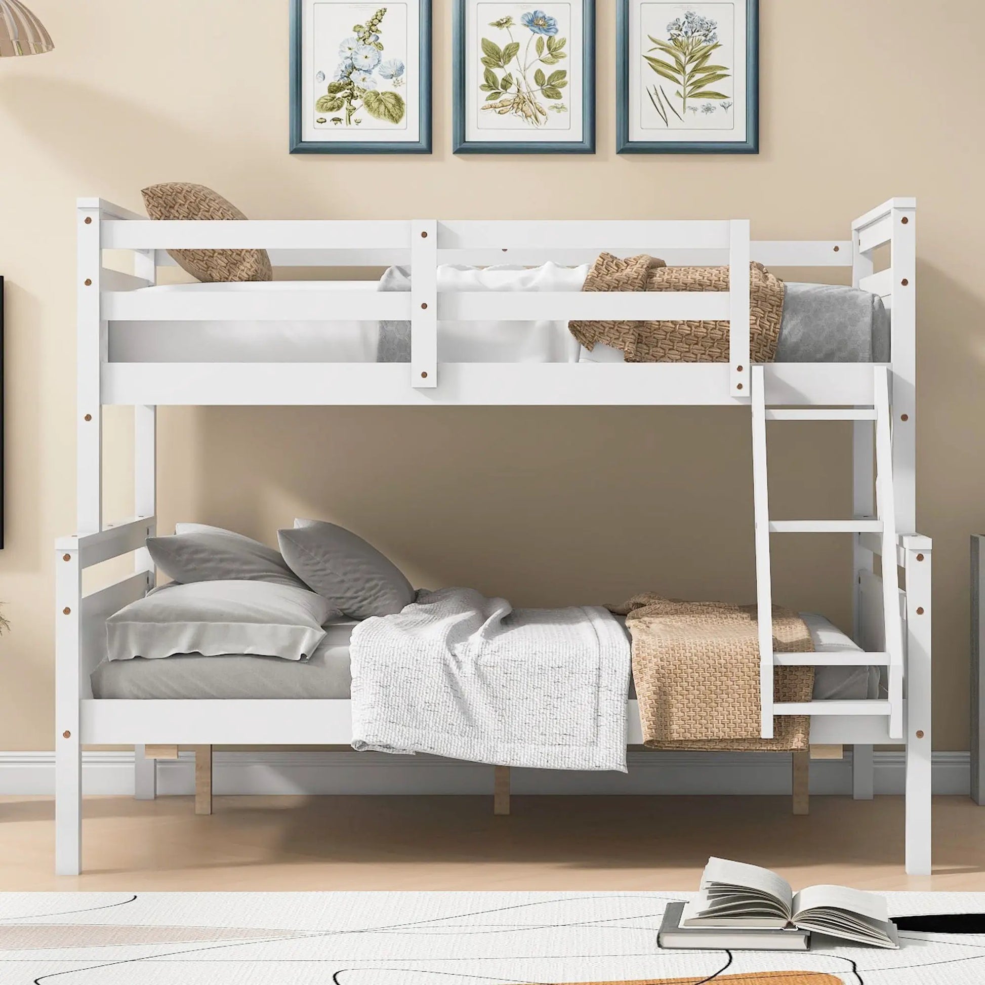 Bunk bed with ladder and safety guardrail in white by Unique Piece Furniture, with gray bedding on Tampa Home & Garden Store