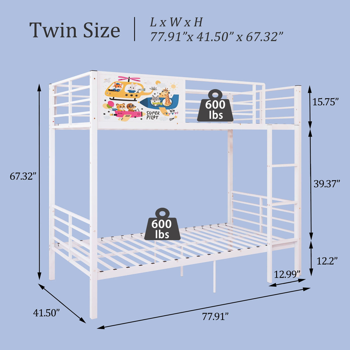 Bunk bed white metal converts to twin beds with full-length guardrails and ladder HouseOfZazla on Tampa Home & Garden Store