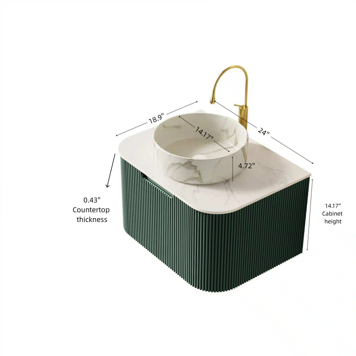 Dina 24in vanity with ceramic basin; white marble top, gold faucet, green ribbed cabinet on Tampa Home & Garden Store