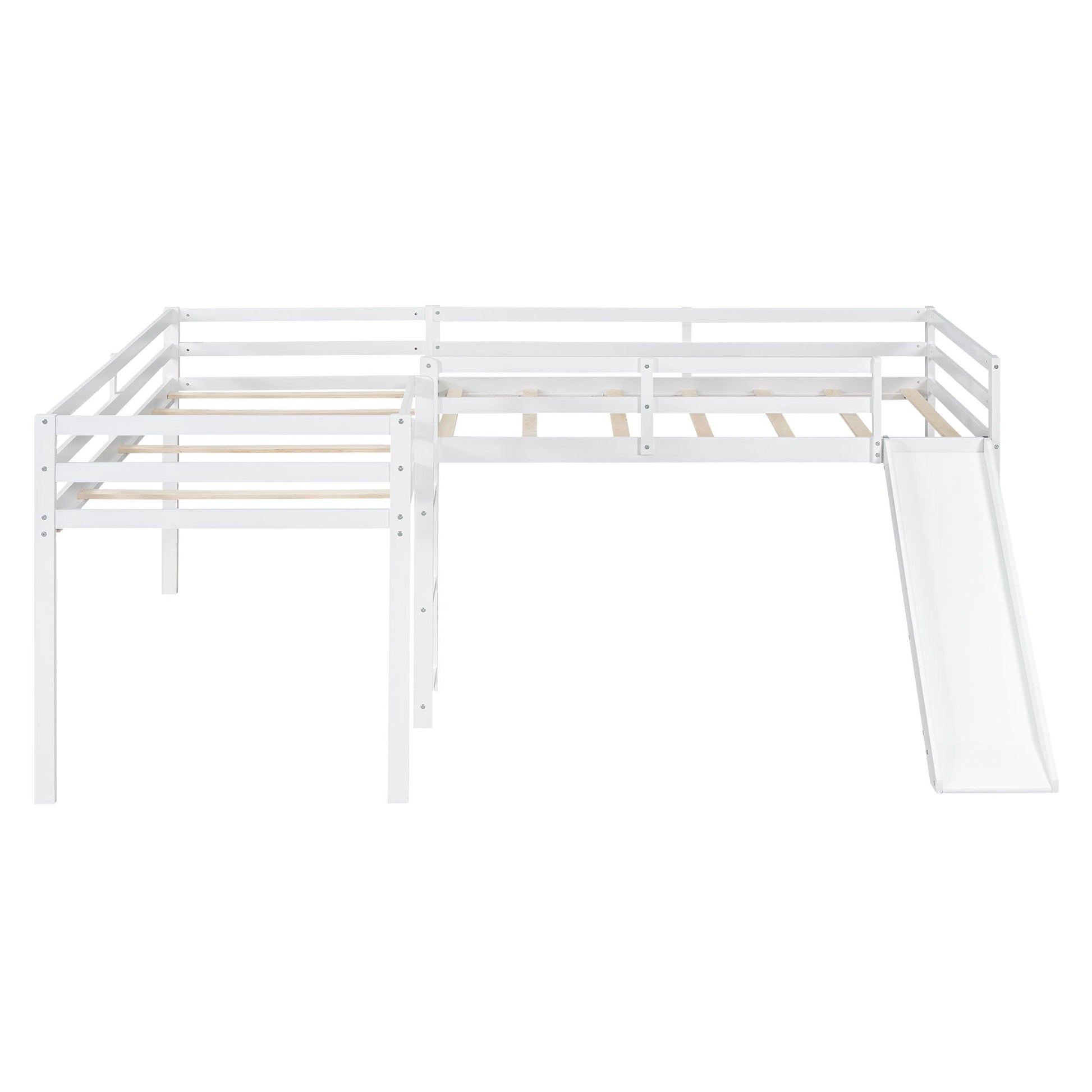 L-shaped loft bed with ladder and slide in white wood slat base by HouseOfZazla on Tampa Home & Garden Store