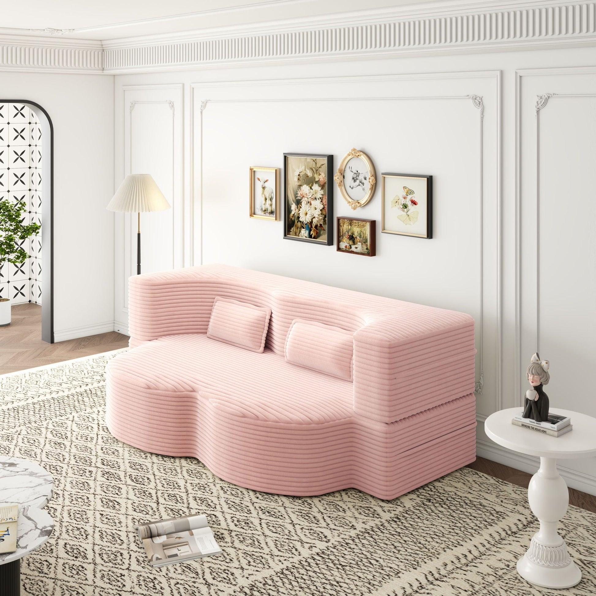 Convertible foam-filled sleeper futon sofa by HouseOfZazla in pink with 2 pillows on Tampa Home & Garden Store