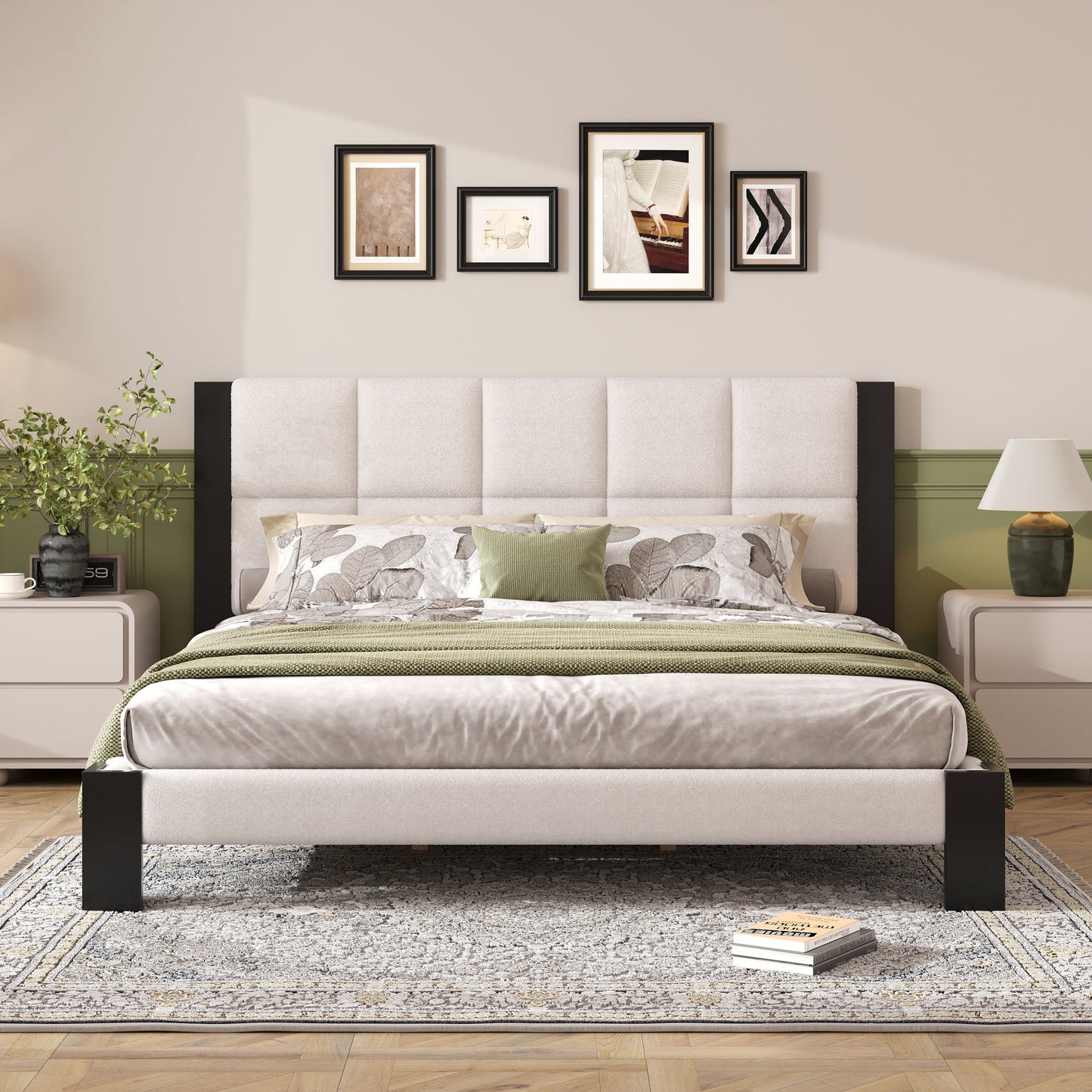 Boucle Cal King Bed Frame with a Cube Headboard