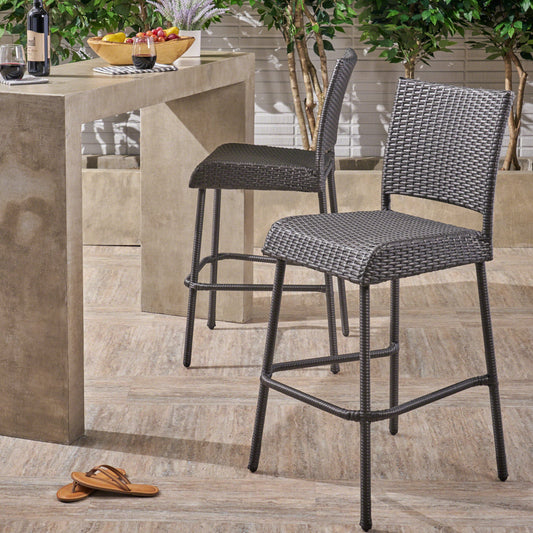 Set of 2 29in outdoors PE rattan armless barstools in dark brown wicker for patio seating on Tampa Home & Garden Store