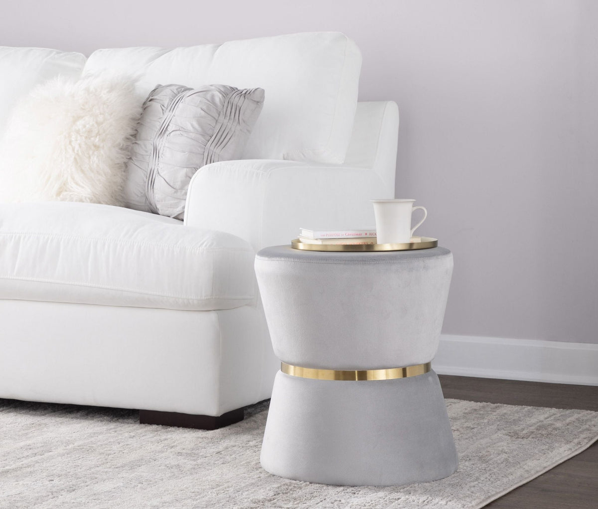 Contemporary Glam Ottoman with Gold Metal Band in gray fabric, accent ottoman on Tampa Home & Garden Store