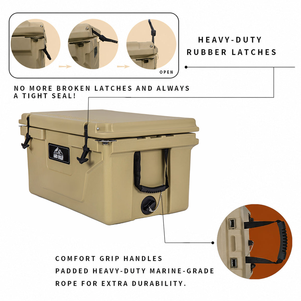 Khaki 65QT ice cooler box with heavy-duty design, rubber latches and padded handles on Tampa Home & Garden Store