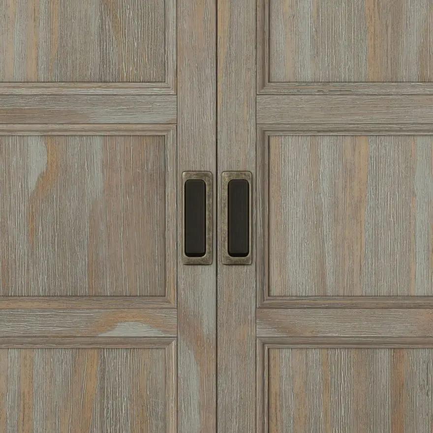 Burlington low storage cabinet, weathered gray wood panels with brass pulls on Tampa Home & Garden Store