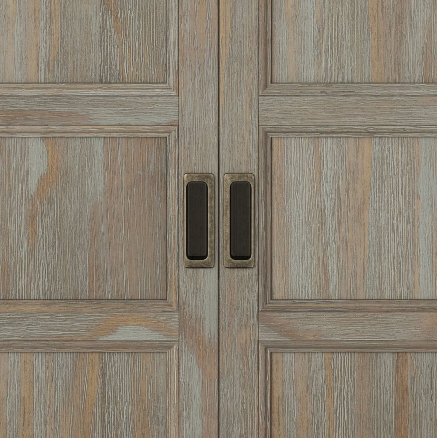 Burlington Handcrafted Low Storage Cabinet weathered gray wood with brass-framed dark pulls on Tampa Home & Garden Store