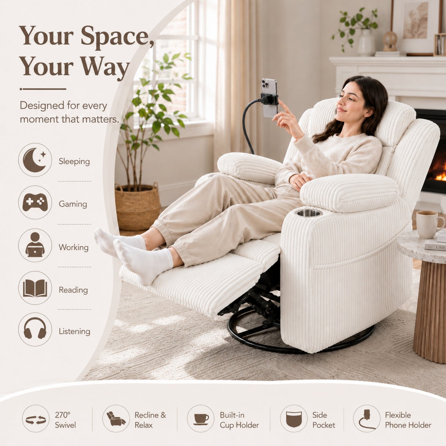 Electric power recliner chair by HouseOfZazla, white upholstery, cup holder on Tampa Home & Garden Store
