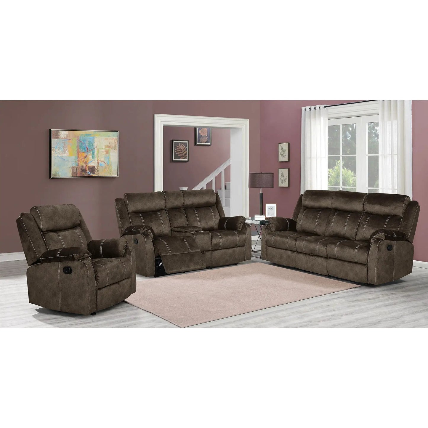 Sonet Domino Reclining Sofas in dark brown fabric living room set by Unique Piece Furniture on Tampa Home & Garden Store