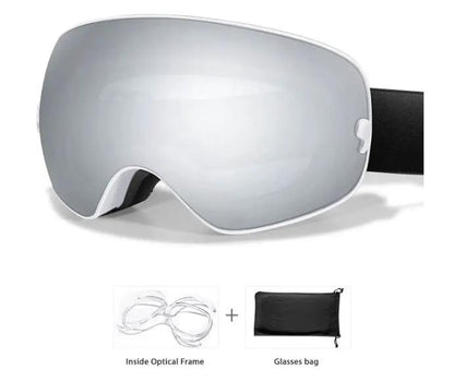 Children's ski goggles with mirrored lens and white frame, black strap; includes glasses bag on Tampa Home & Garden Store