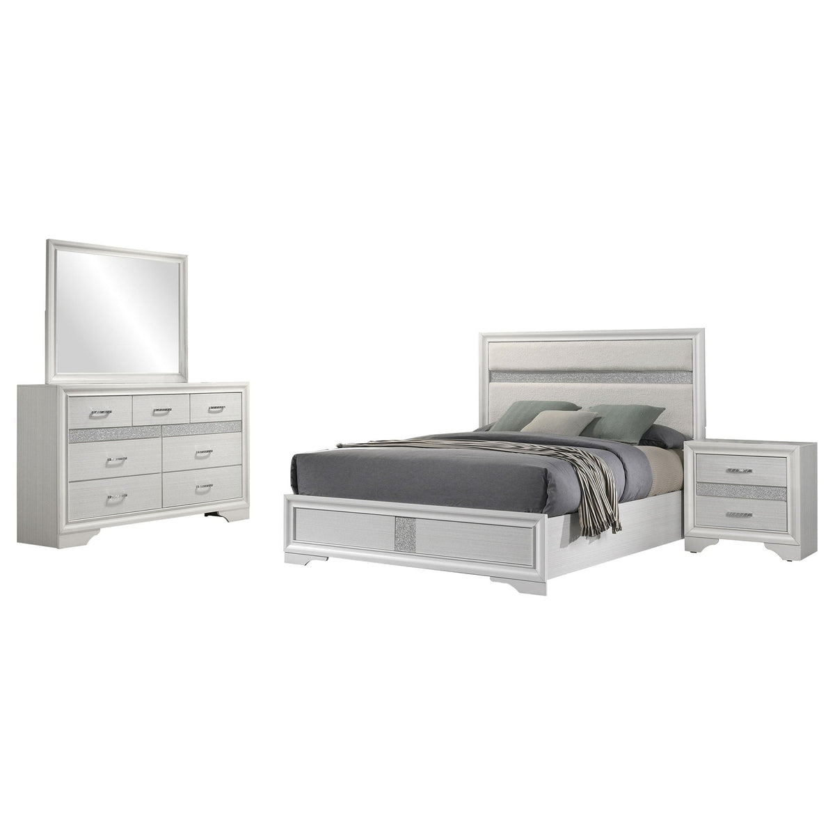 Annie 4 Piece Bedroom Set HouseOfZazla: bed with headboard, mirrored dresser and nightstand on Tampa Home & Garden Store