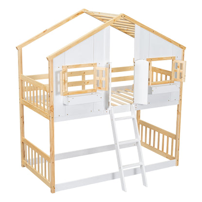 House Bunk Bed with Roof and Window, natural wood frame, ladder by HouseOfZazla on Tampa Home & Garden Store