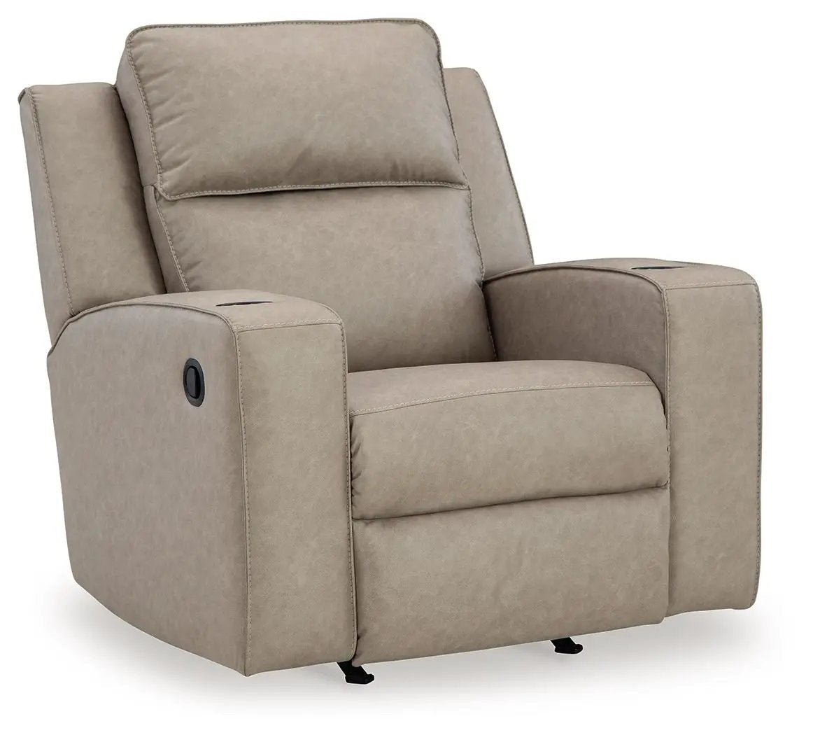 Lavenhorne Rocker Recliner Pebble by Unique Piece Furniture in beige fabric with cup holder on arm on Tampa Home & Garden Store