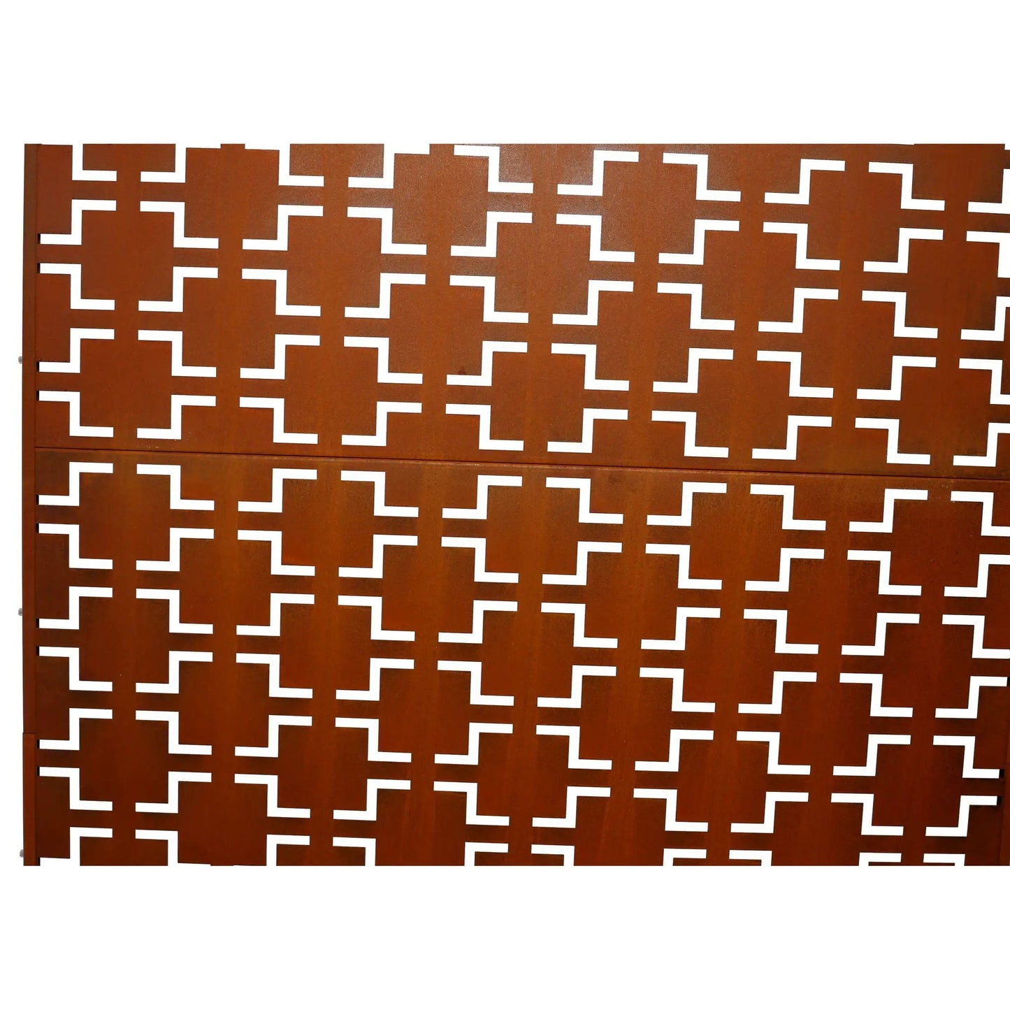 Metal privacy screen rust finish with white L-shaped cutouts, freestanding room divider on Tampa Home & Garden Store