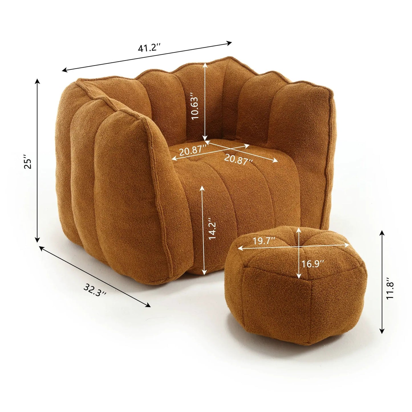 Soft bean bag chair with high resilient foam in orange-brown tufted fabric, chair & ottoman on Tampa Home & Garden Store
