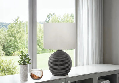 Table lamp black resin, contemporary ribbed globe base with white fabric shade on Tampa Home & Garden Store