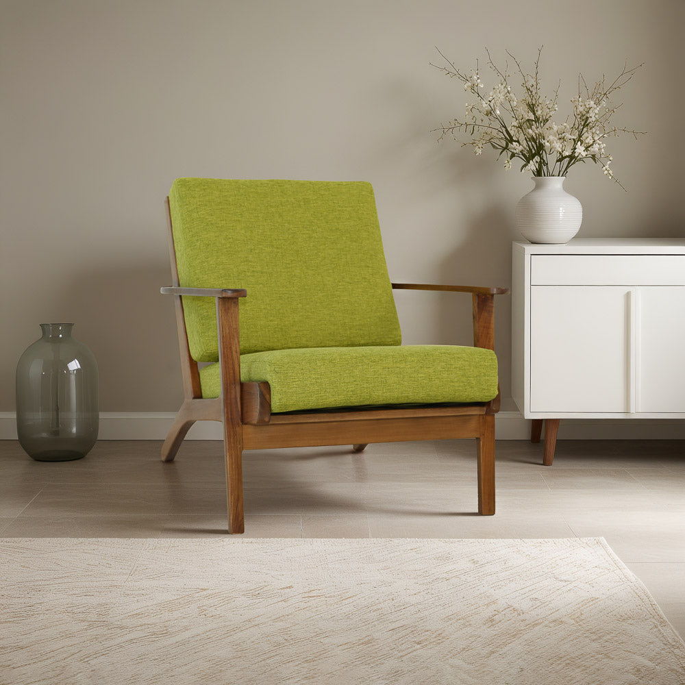 Genuine lounge chair with a solid wood frame and green upholstery in a mid-century style on Tampa Home & Garden Store