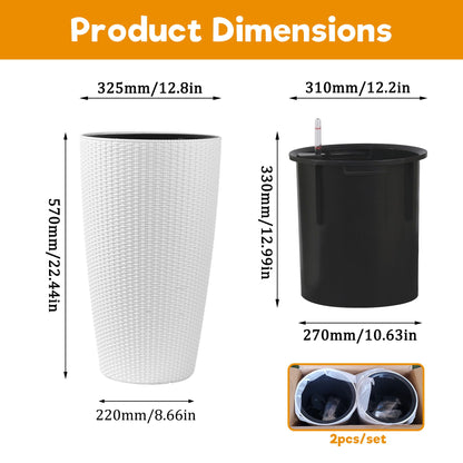 Two tall planters with water level monitor and auto watering by HouseOfZazla, white woven&black on Tampa Home & Garden Store
