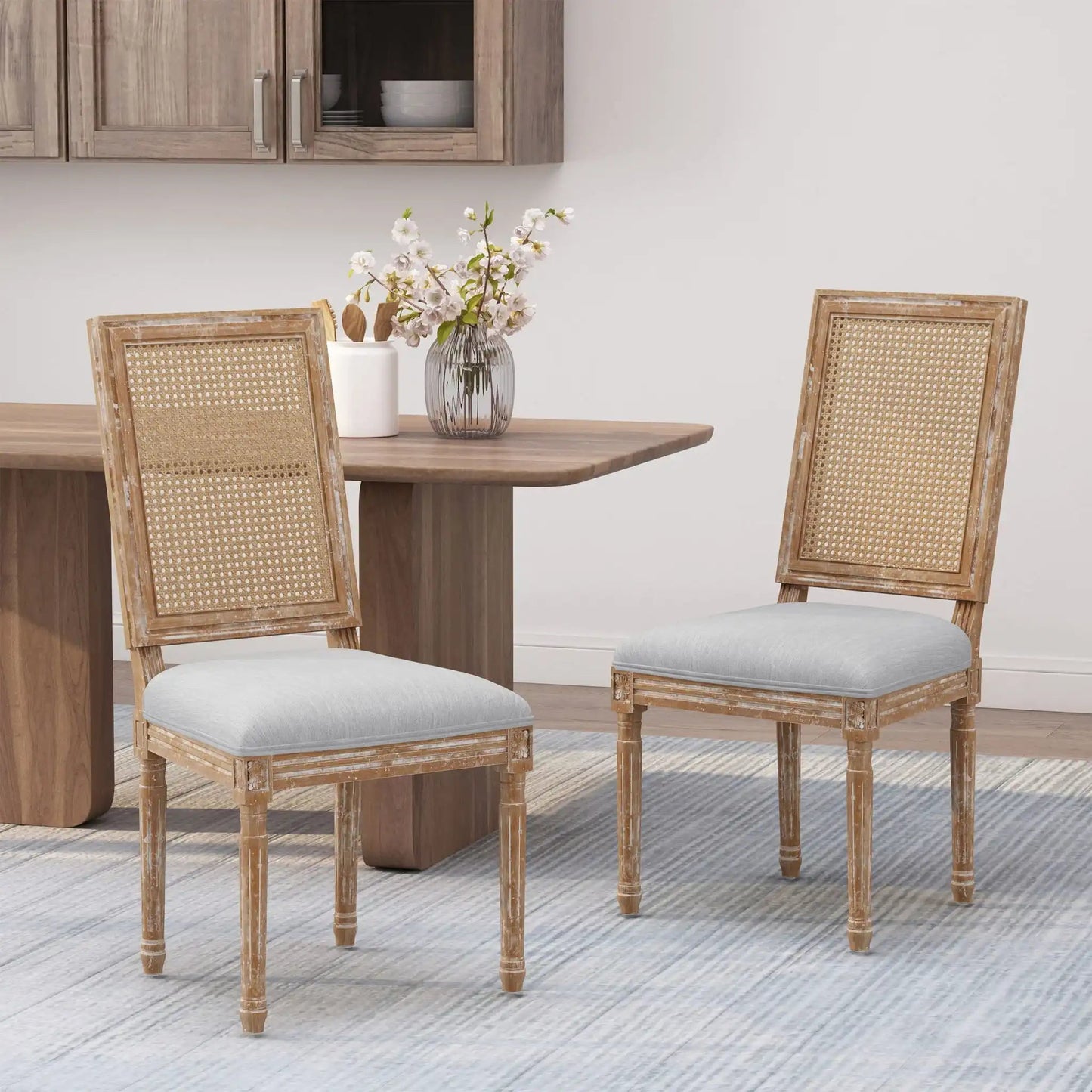 French Country dining chair with cane back and upholstered gray seat, set of 4 HouseOfZazla on Tampa Home & Garden Store