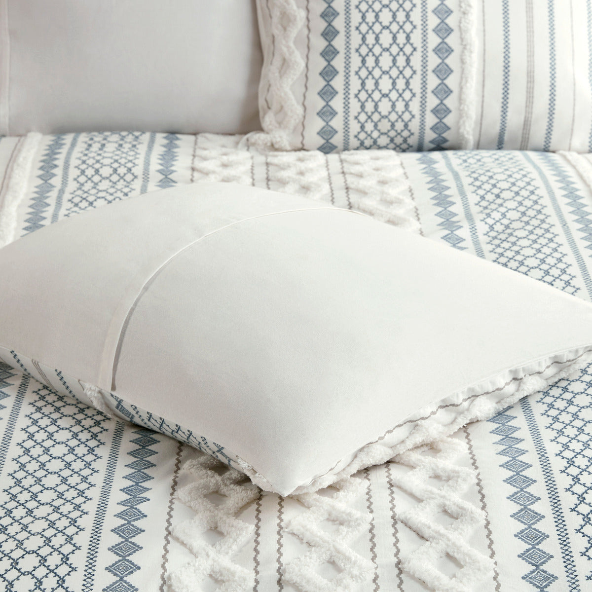 King/Cal King cotton duvet cover set in blue Aztec print on white with chenille accents on Tampa Home & Garden Store