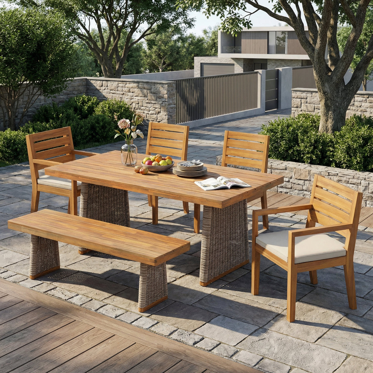 Outdoor Acacia Wood Patio Dining Set and Bench by HouseOfZazla on a stone patio on Tampa Home & Garden Store