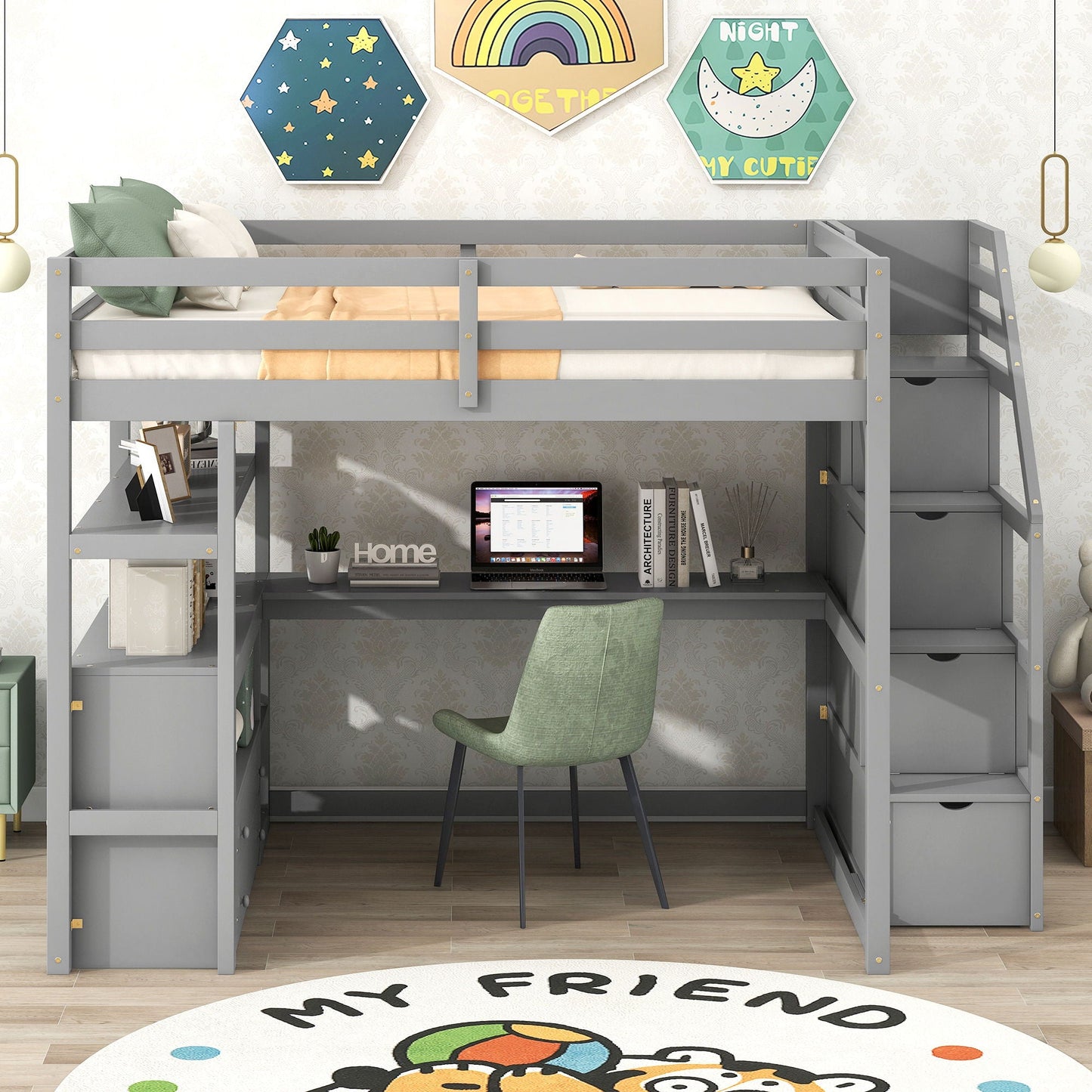 Loft Bed With Desk, Shelves, 2 Drawers, Storage Staircase in gray with integrated desk area on Tampa Home & Garden Store