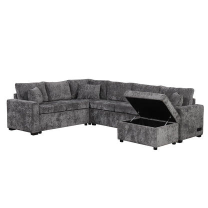 HouseOfZazla sleeper sectional sofa with storage ottoman in gray textured fabric and cushions on Tampa Home & Garden Store