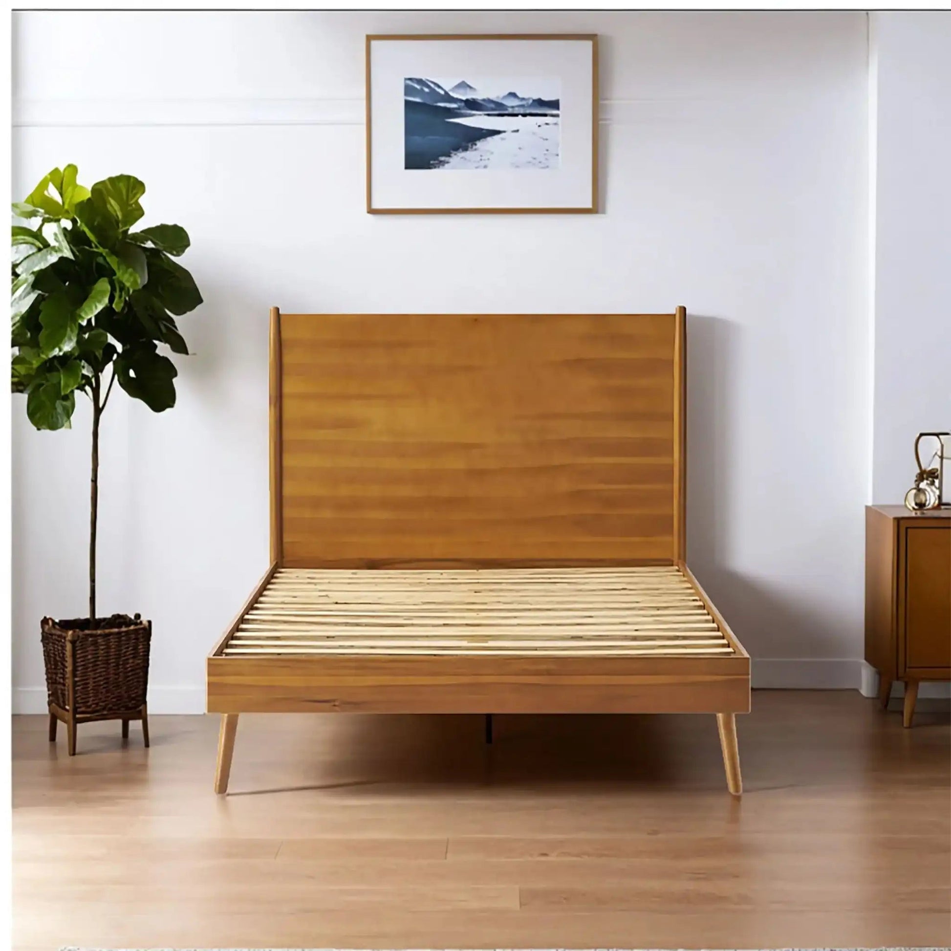 Okioki mid-century wood platform bed with slatted base in warm oak by HouseOfZazla on Tampa Home & Garden Store